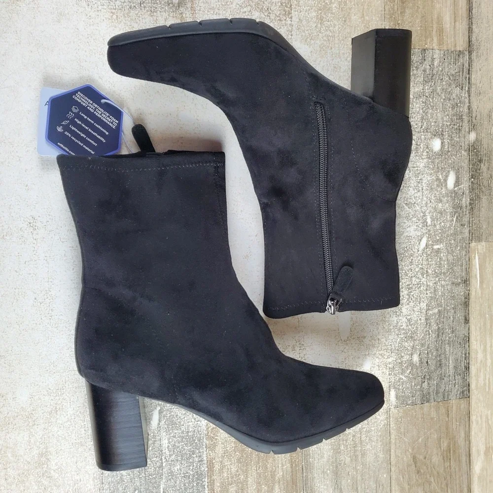 Aerosoles Miley Women Ankle Bootie Sz 6.5 M Black Side Zip Block Heel Square Toe